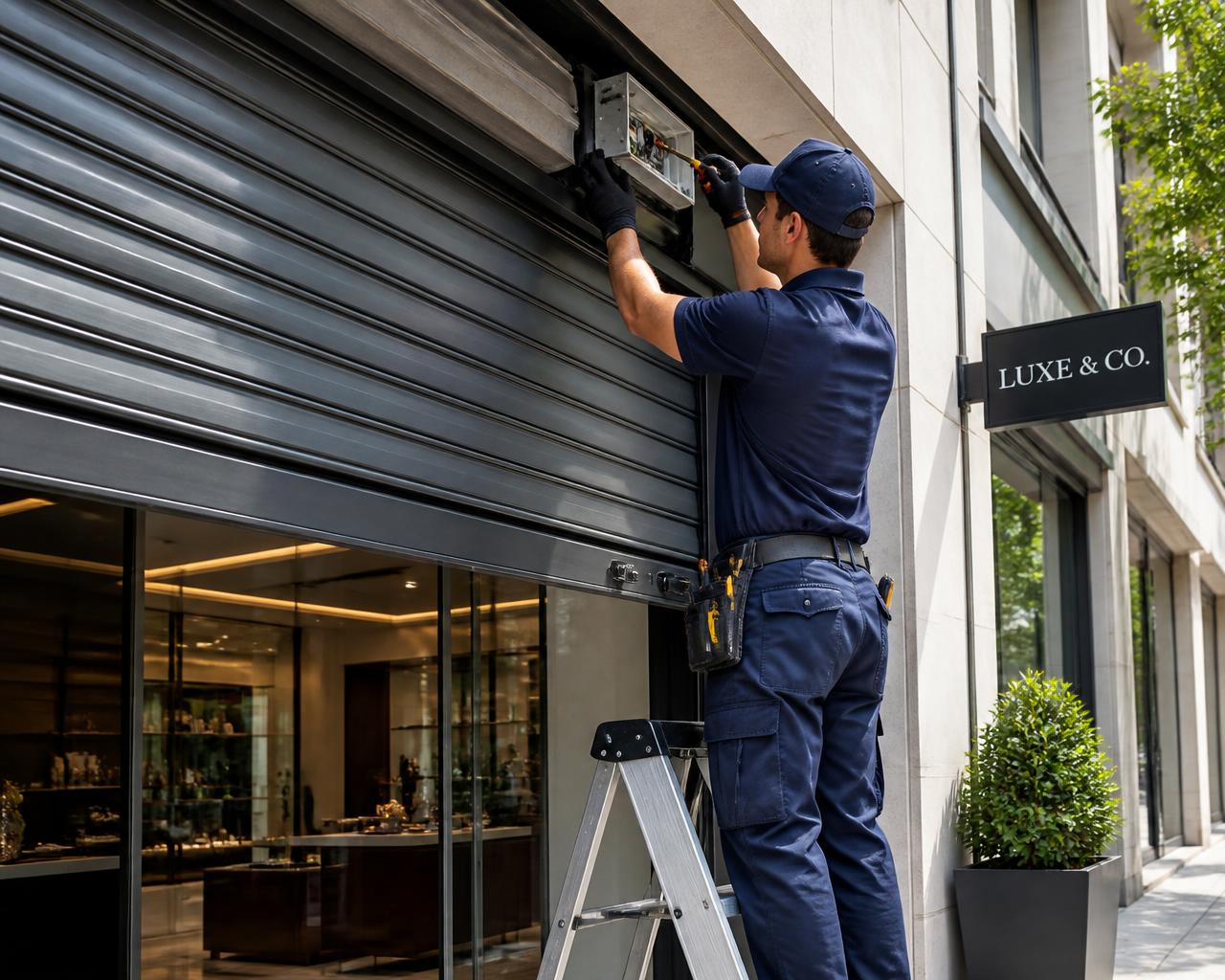 Porta de aço automática instalada em fachada comercial